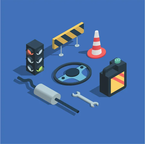 isometric road and driving icons set