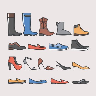 different types of shoes icons set