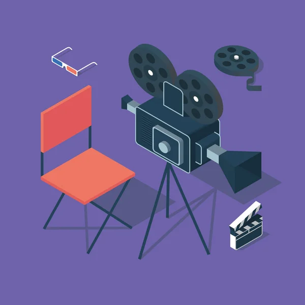Icono de cine con cámara de vídeo — Vector de stock