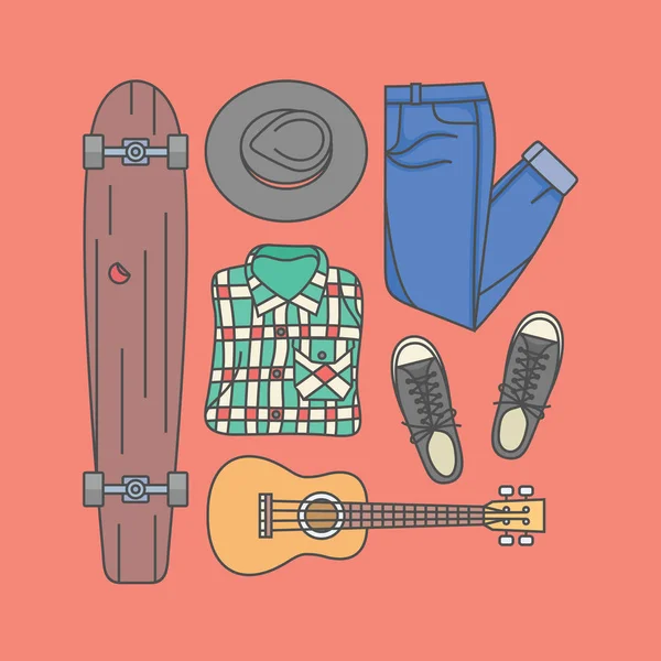 Hipster longboard, roupas e guitarra — Vetor de Stock