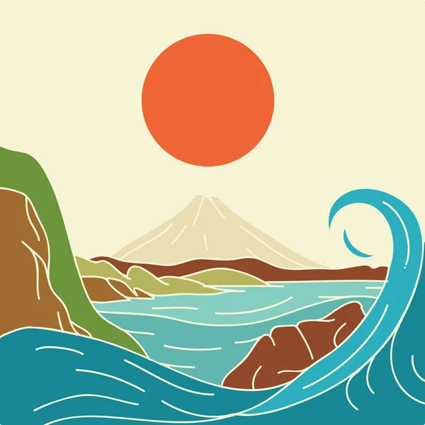 Paysage avec soleil et volcan — Image vectorielle