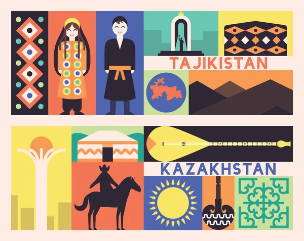 Tajikistan e kazakhstan striscioni di viaggio — Vettoriale Stock