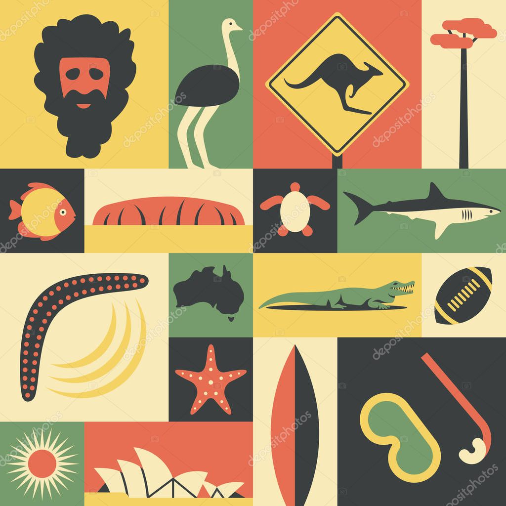 Australia, vector flat illustration, icon set, landmark.