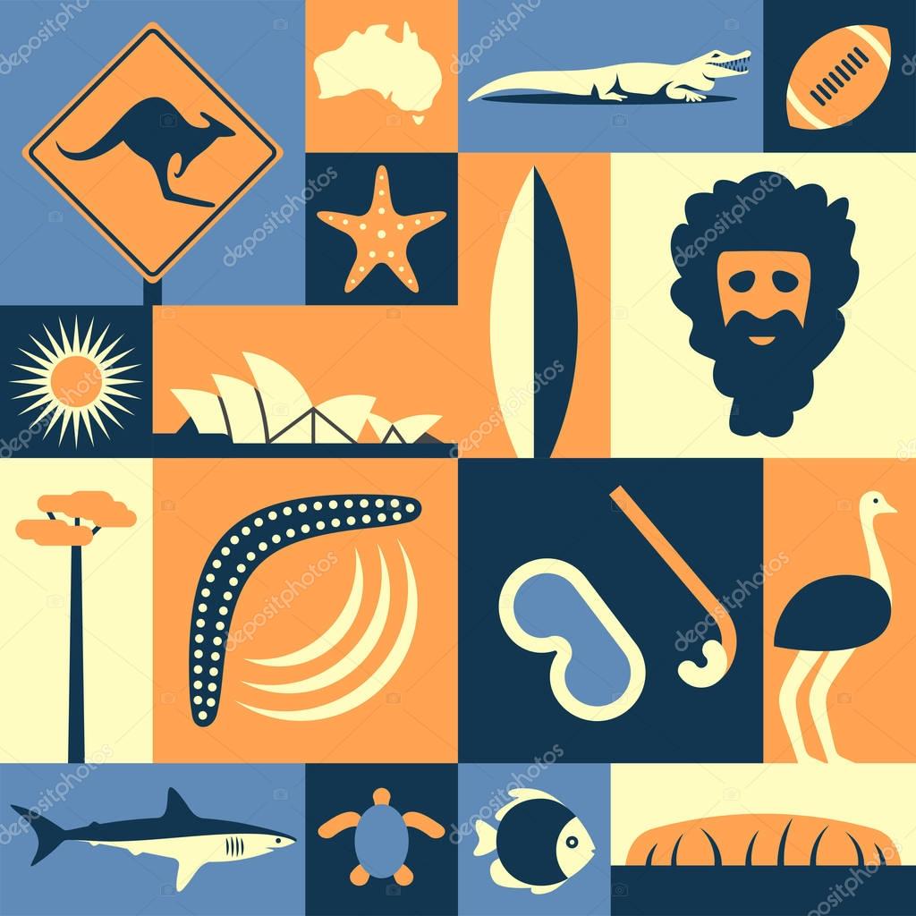 Australia, vector flat illustration, icon set, landmark.