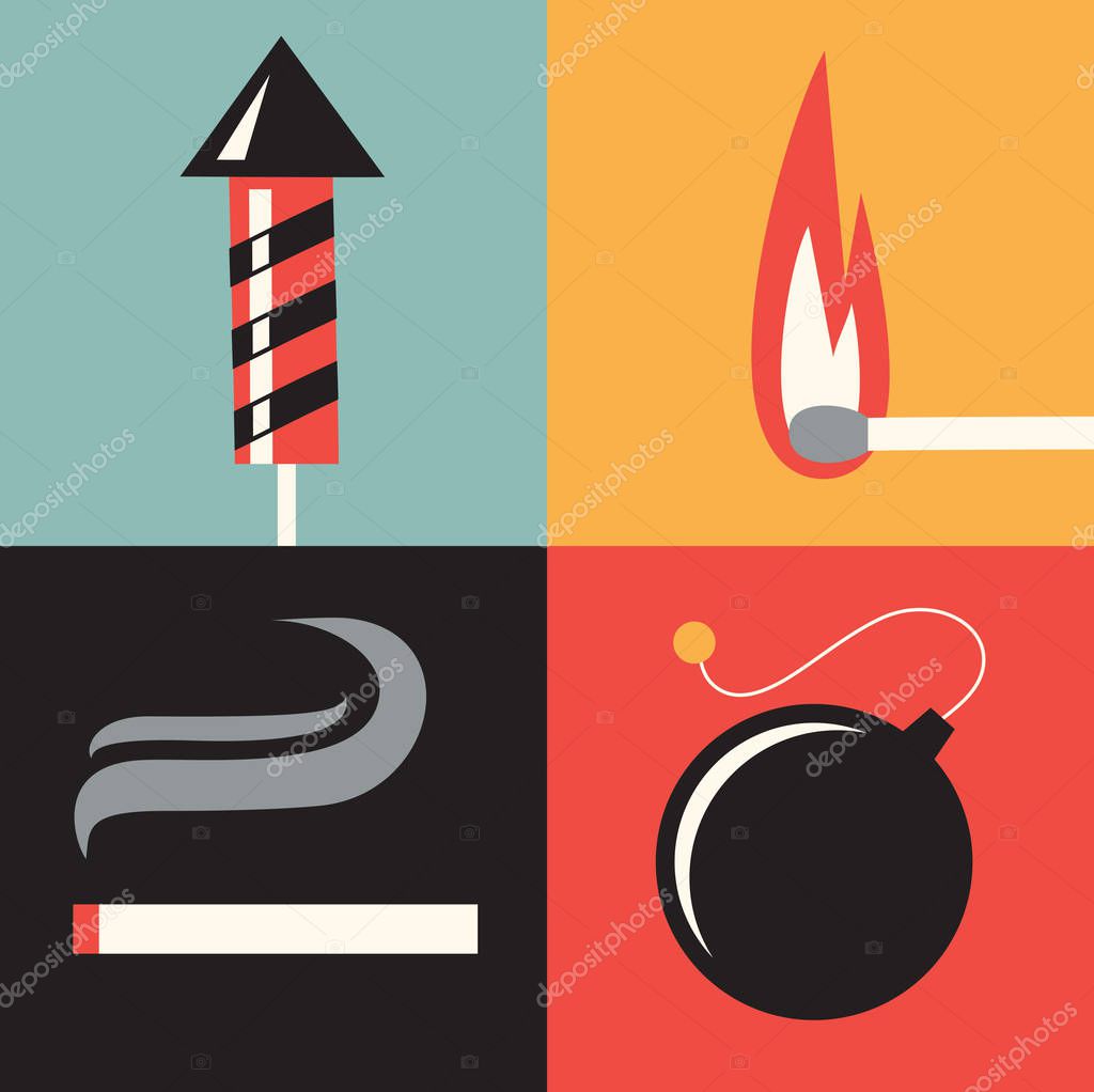 Vector illustration, icon set of fire