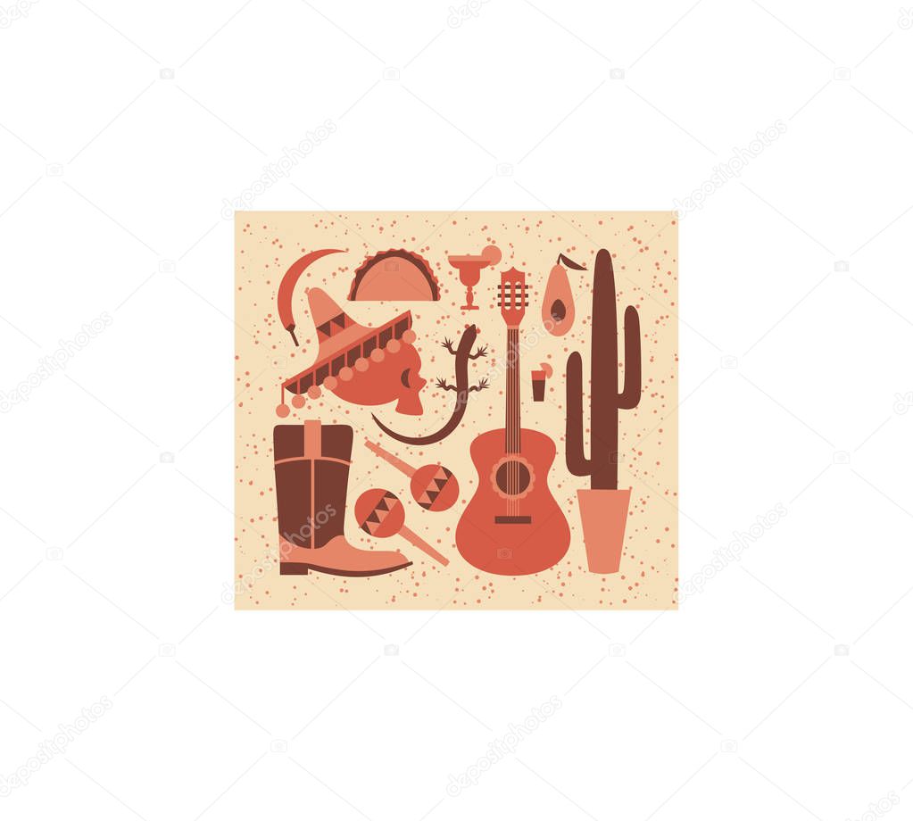 Vector illustration mexico icons set on beige background