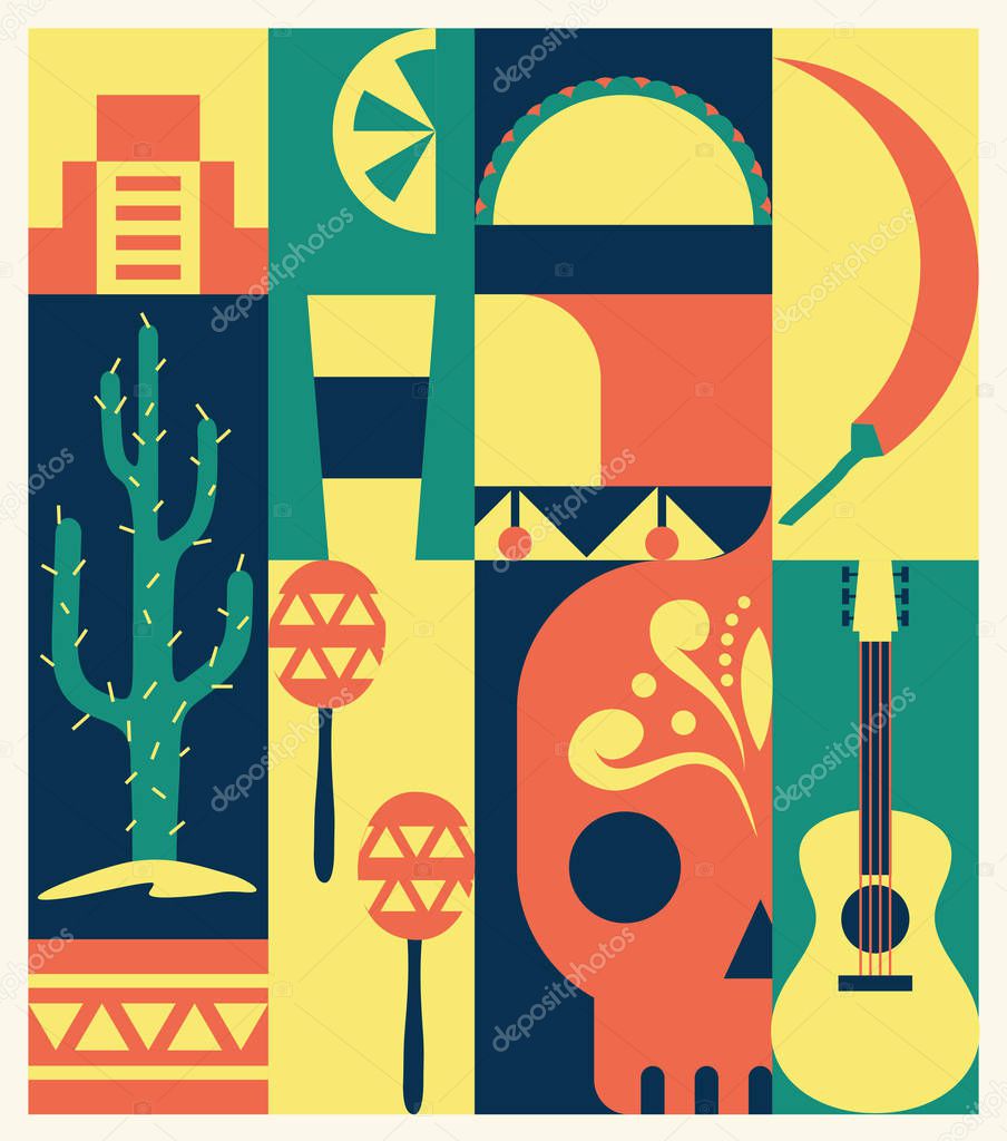 Vector illustration mexico icons set on beige background
