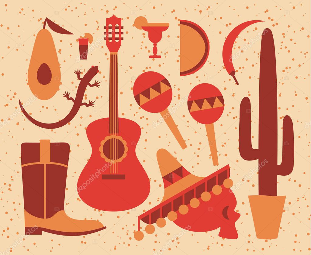 Vector illustration mexico icons set on beige background