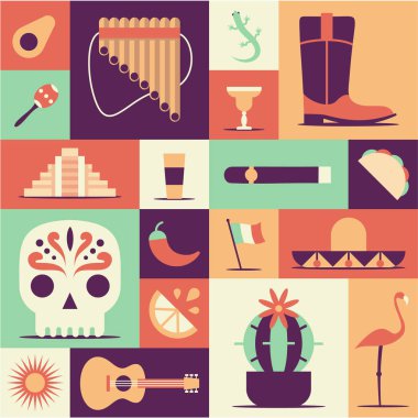 Meksika Icons set. Güneş, Moai Piramit, tekila, Meksika harita, kaktüs, gitar, peyote, fötr şapka, kırmızı biber, marakas, Meksika bayrağı, kafatası. Vektör Meksika poster