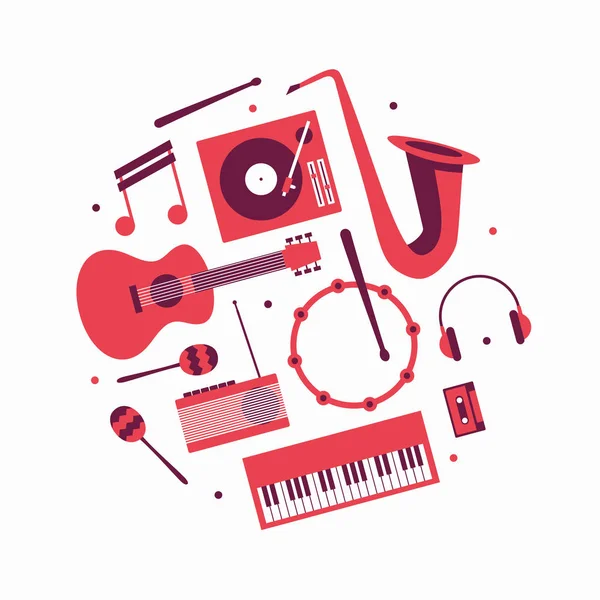 Música, ilustración plana vectorial, conjunto de iconos. Guitarra, tocadiscos, nota, trompeta, auriculares, batería, radio, maracas, piano, cinta de casete — Archivo Imágenes Vectoriales