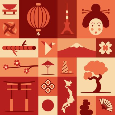 Japonya, vektör düz çizim, simge seti, Simgesel Yapı arka plan. Bonsai, çiçek, taş, eğlenceli, kadın yüzü, fener, gıda, bayrak, sakura, silah, kapı, suşi, bambu ağacı, origami