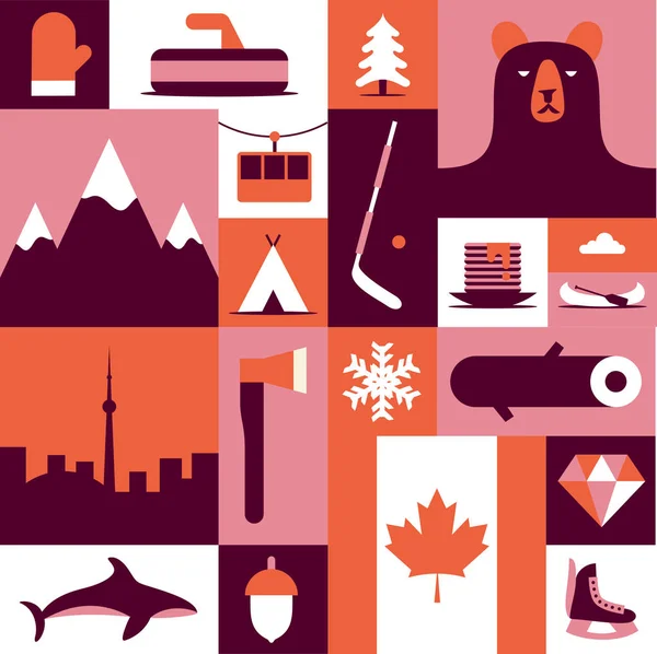 Canada, illustration vectorielle plate, jeu d'icônes, fond. Mitaines, paysage, hache, montagne, camping, poisson, hiver, bois, forêt, ours, arbre, hockey, diamant, drapeau, patins, nourriture, bateau — Image vectorielle