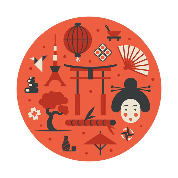 Japón, ilustración plana vectorial, conjunto de iconos, fondo histórico. Bonsai, flor, piedra, diversión, cara de mujer, linterna, comida, bandera, sakura, arma, puerta, sushi, origami, árbol de bambú — Vector de stock