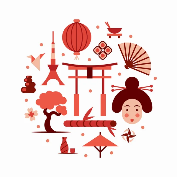 Japan, vector flat illustration, icon set, landmark background. Bonsai, flower, stone, fun, woman face, lantern, food, flag, sakura, weapon, gate, sushi, origami, bamboo tree — Stock Vector