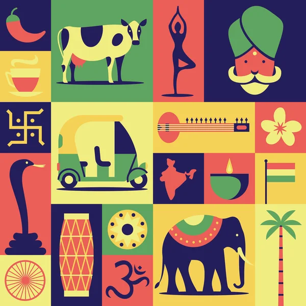 India, vector plano ilustración, conjunto de iconos, patrón, fondo: Hindú, yoga, cobra de serpiente, coche, sitar, flor de loto, tambor, om, mapa, elefante, té indio, vaca, palmera, vela, bandera, pimienta — Vector de stock