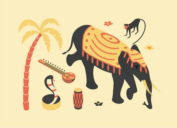India, vector plano isométrico ilustración, 3d icono conjunto: palmera, sitar, mono, elefante, flor de loto, cobra de serpiente, tambor — Vector de stock