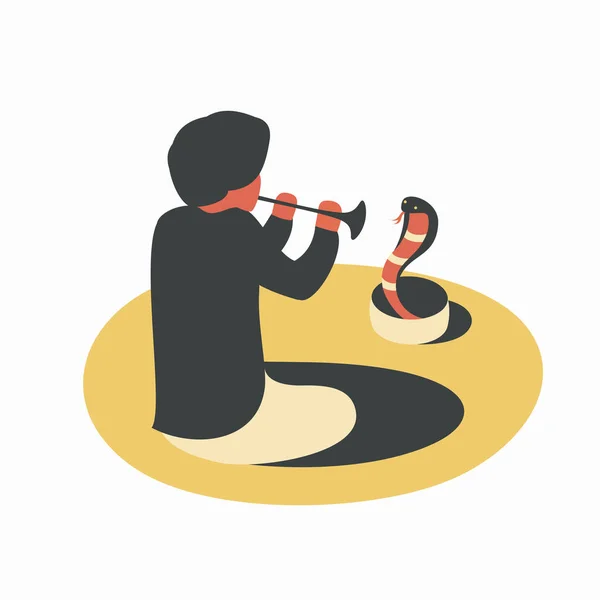 India, hombre tocando la flauta con cobra de serpiente, fondo blanco — Vector de stock