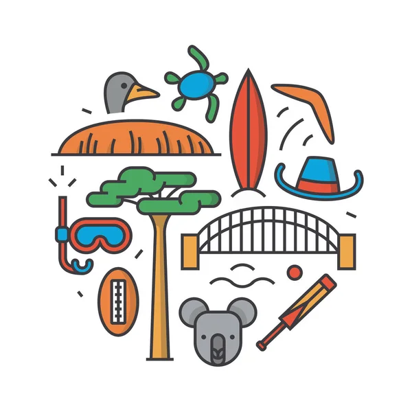 Australien, vektor konturen illustration, mönster, vit bakgrund: boomerang, hatt, livegen, bridge, cricket, koala, trädet Baobab, sport, berget Uluru, struts, sköldpadda — Stock vektor