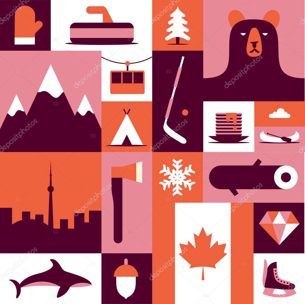 Canada, vector flat illustration, icon set, background. Mittens, landscape, ax, mountain, camping, fish, winter, wood, forest, bear, tree, hockey, diamond, flag, skates, food, boat