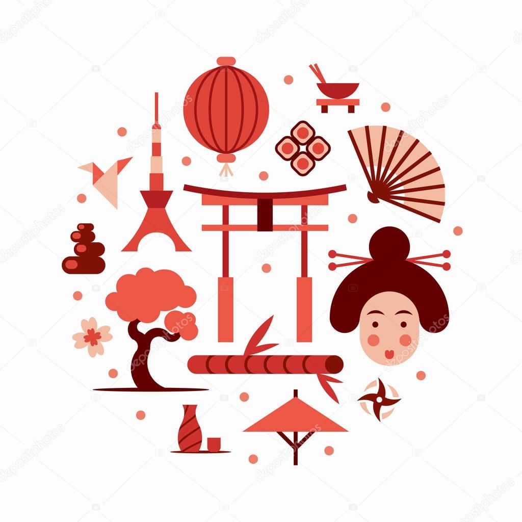 Japan, vector flat illustration, icon set, landmark background. Bonsai, flower, stone, fun, woman face, lantern, food, flag, sakura, weapon, gate, sushi, origami, bamboo tree