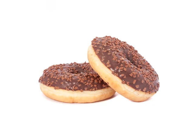 Dois Donuts de Chocolate com Polvilhas. Isolado em um fundo branco — Fotografia de Stock