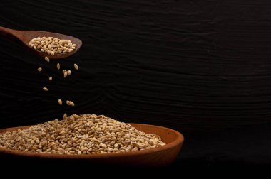 Pearl arpa veya buğday tam tahıl şu siyah arka plan üzerine dök. Tarım Gıda ham tohum.