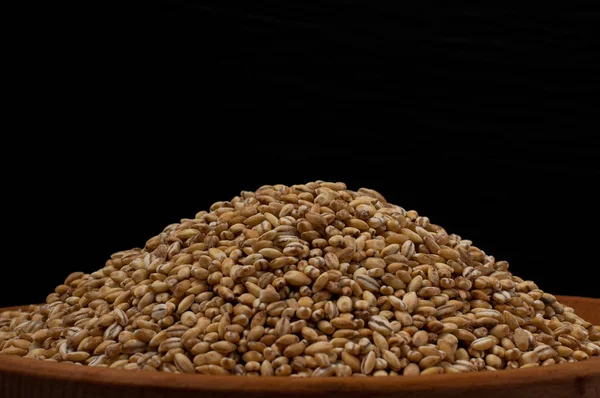 Grão inteiro de cevada pérola ou derrame de trigo no fundo preto direito. Agricultura alimentos sementes em bruto . — Fotografia de Stock