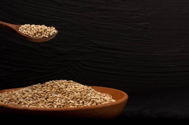 Pearl arpa veya buğday tam tahıl şu siyah arka plan üzerine dök. Tarım Gıda ham tohum.