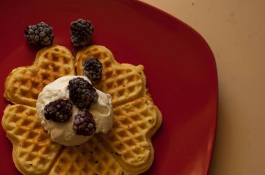 Çilek (kuş üzümü, çilek) ve dondurma ile Belçika waffle