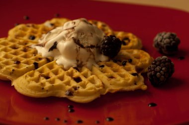 Çilek (kuş üzümü, çilek) ve dondurma ile Belçika waffle