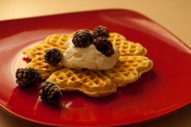 Çilek (kuş üzümü, çilek) ve dondurma ile Belçika waffle