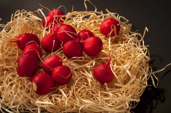 Kırmızı Avrupa turp / kırmızı turp / kırmızı siyah bir zemin üzerine doğal Avrupa turp