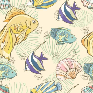 El ile Seamless Modeli Deniz balığı ve kabukları çizilmiş. Vektör çizim.