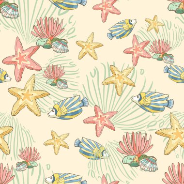 El ile Seamless Modeli çizilmiş balık ve seastars. Sualtı arka plan.