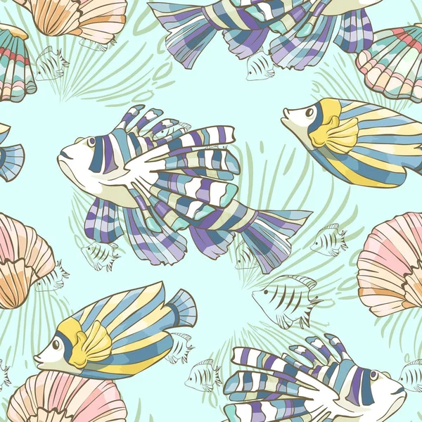 Naadloze patroon met hand getrokken zeevis en schelpen. Vectorillustratie. — Stockvector
