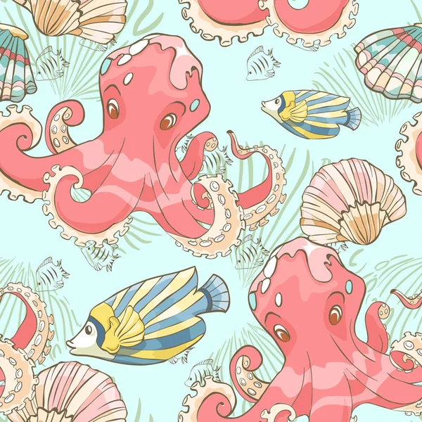 Naadloos patroon met hand getekende Octopus, zeevissen en schelpen. Vector illustratie. — Stockvector