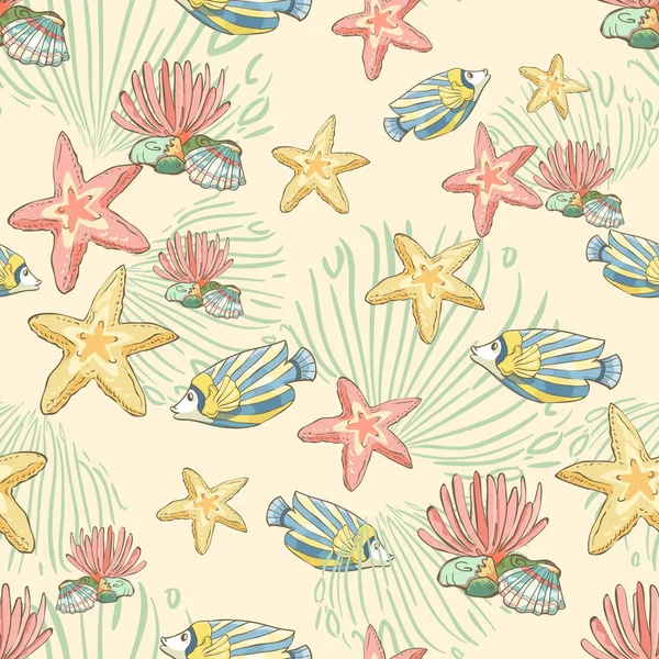 El ile Seamless Modeli çizilmiş balık ve seastars. Sualtı arka plan.