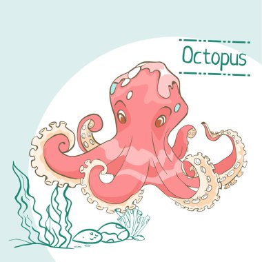 Vektör sevimli çizgi ahtapot deniz yosunu ile