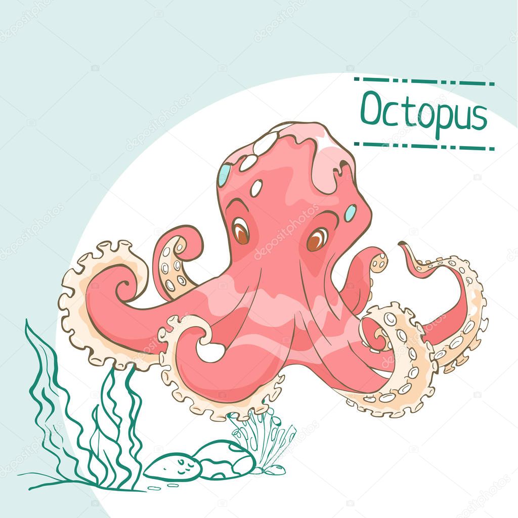 Vector cute cartoon octopus with seaweed