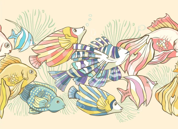 Modèle sans couture avec des poissons de mer dessinés à la main et des coquillages. Illustration vectorielle. Page du livre à colorier — Image vectorielle