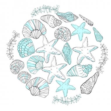 Vektör el kabukları ve denizyıldızı yuvarlak kompozisyonu çekilmiş. Vektör çizim