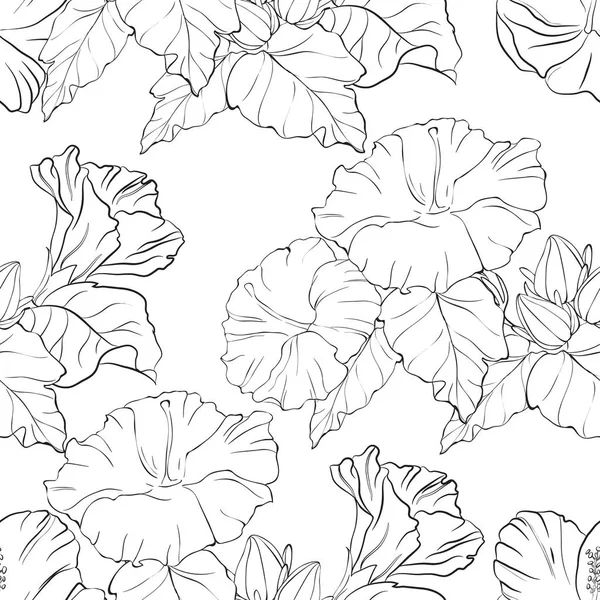 Nahtloses Muster mit handgezeichneter Hibiskusblüte, schwarz-weißem Blütenhintergrund — Stockvektor