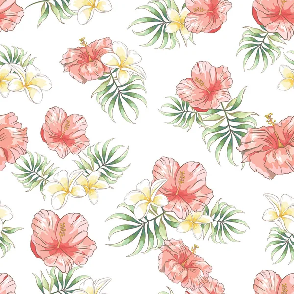 Seamless pattern with hand drawn hibiscus , plumeria flower and palm leaves on white background, Wallpaper with tropical flowers