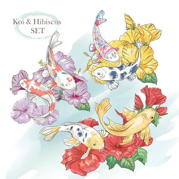 Hermoso conjunto de composición floral con flores exóticas de hibisco y peces koi — Vector de stock