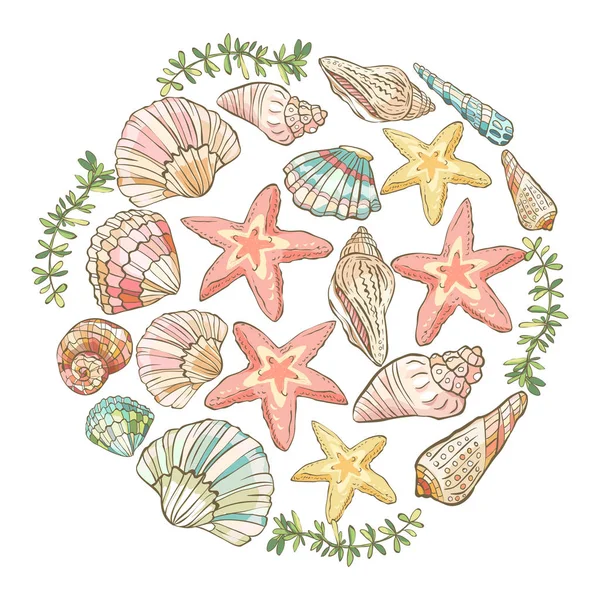 Vector dibujado a mano de composición redonda con conchas y estrellas de mar. Ilustración vectorial — Vector de stock