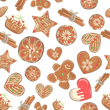 Beyaz arka planda zencefilli kurabiyeli kusursuz desen. Noel arkaplanı. Vektör illüstrasyonu