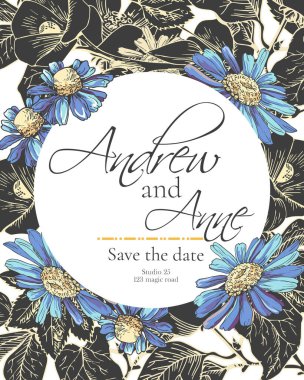 Siyah ve mavi papatyalar ve düğün, evlilik, düğün, düğün, doğum günü çiçekleri içeren nazik gotik bir davetiye.