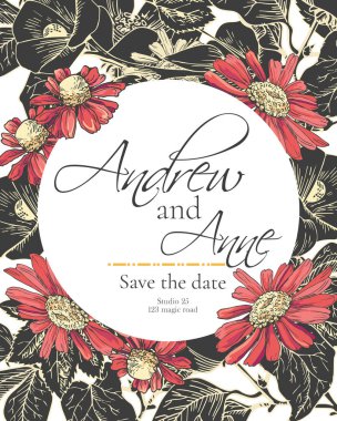 Düğün, evlilik, düğün, düğün, doğum günü için siyah ve kırmızı papatya çiçekleri olan hassas gotik davetiye.