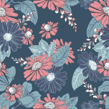 El çizimi papatyalar, çan çiçekleri ve soyut siyah arka planda yapraklarla kusursuz desen.