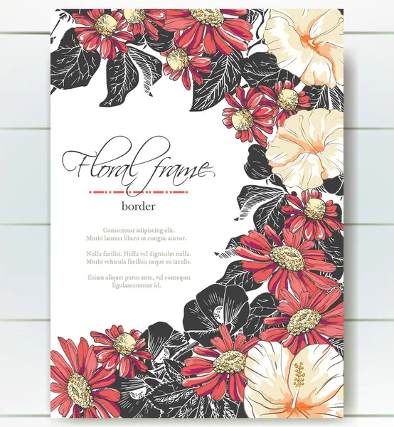 Blommig bård med skiss svart och röda blommor. Ram med handritad kamomill och hibiskus. — Stock vektor